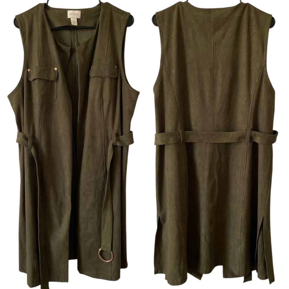 CHICO'S Sleeveless Suede Long Length Vest Jacket Size XL Olive Green Belted